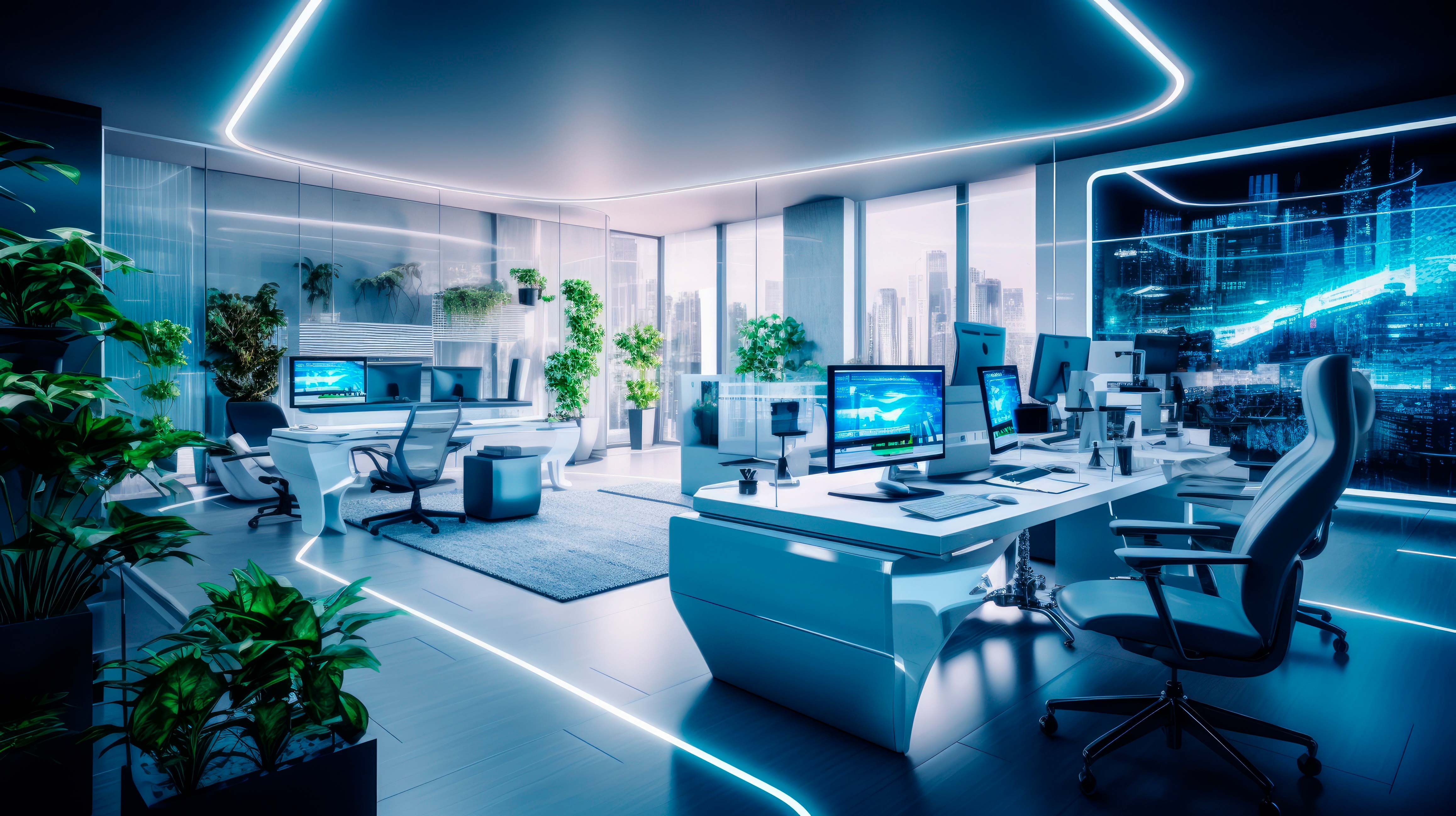 Ein Büro im futuristischen Stil mit vielen Blautönen